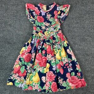 Rose Editions Kids Girls Navy Floral Fruit Print Flutter Sleeve Dress Zipper